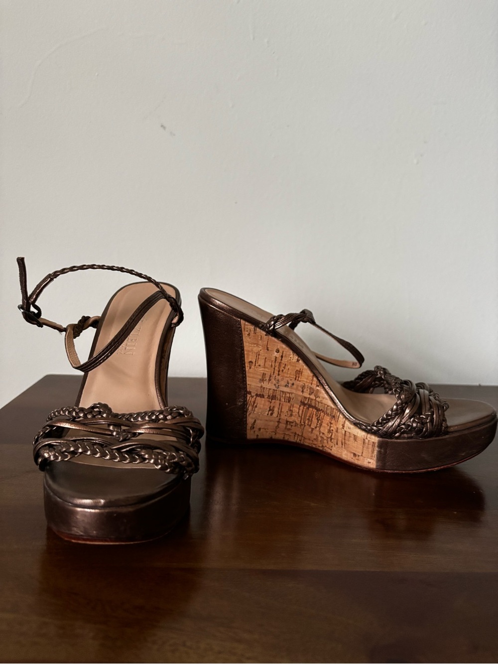 Anne Klein Bronze Braided-Strap Cork Wedge Sandals